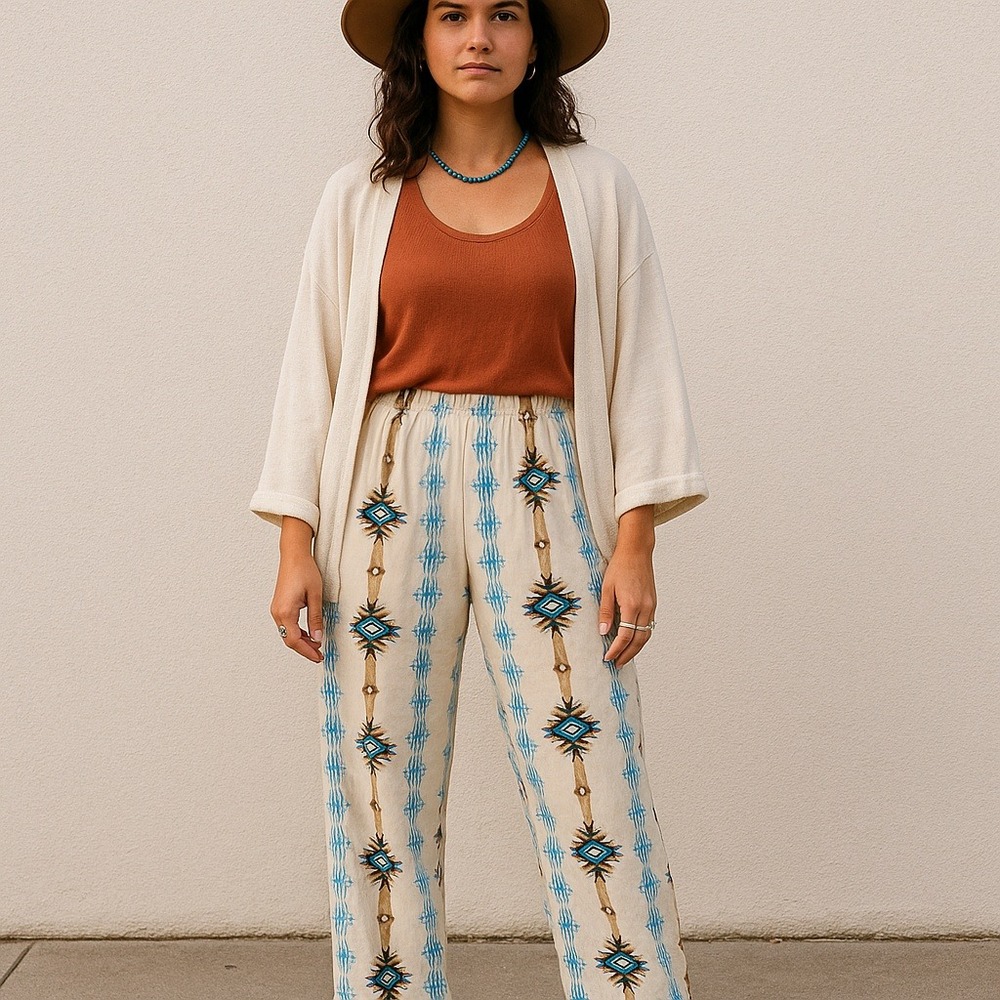 Vintage 90s Southwestern Aztec Print Pants Elastic‎ Waist Boho Lounge Festival M
